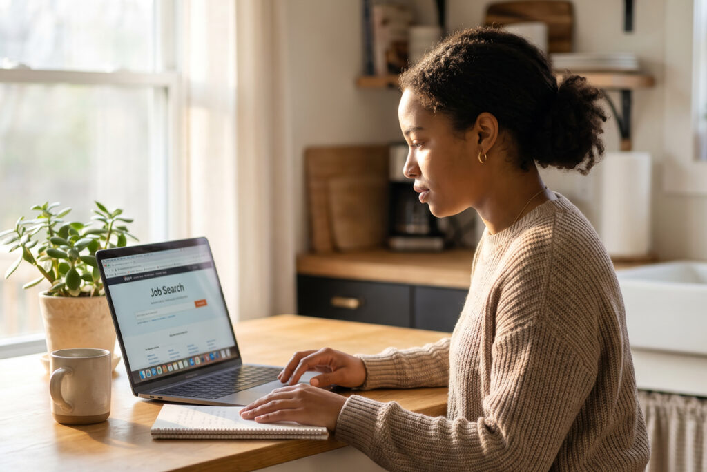 Woman on laptop - article
